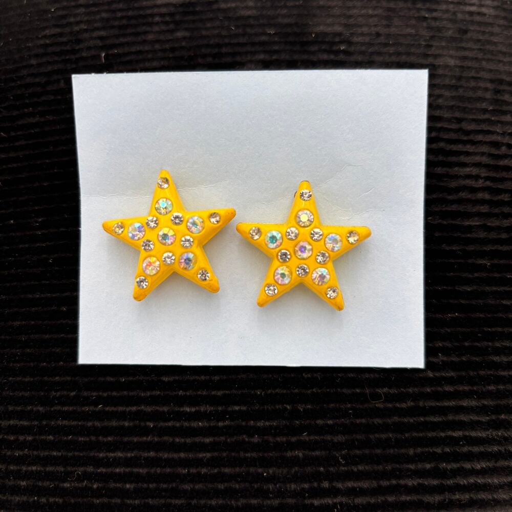 Vintage Yellow Enamel Crystal Rhinestone Star Stud Earrings Celestial Cosmic